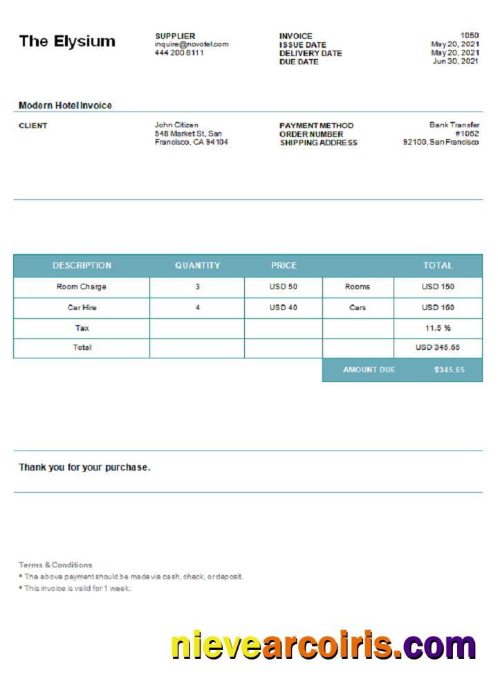 USA The Elysium invoice